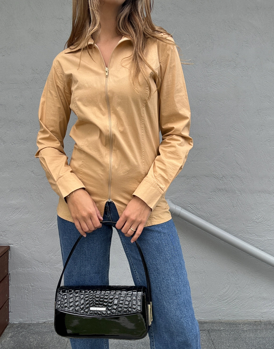 Camel Zip Front Shirt // Size