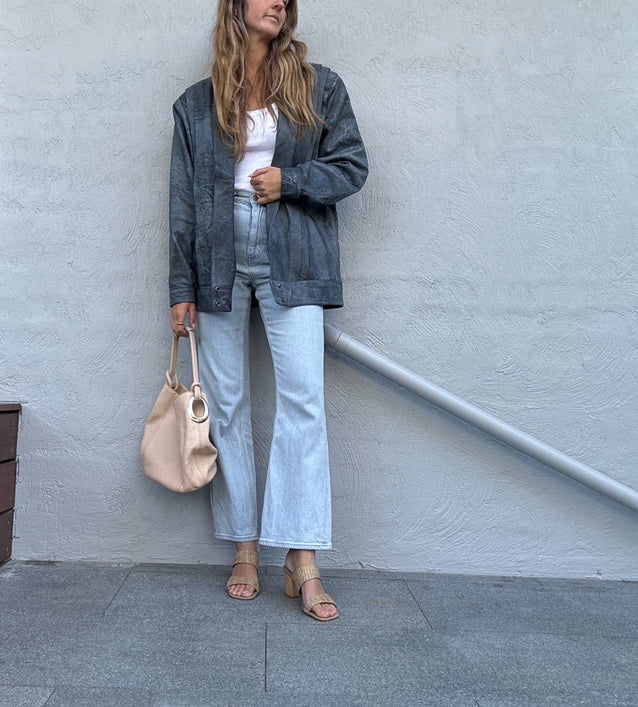 Vintage Steel Blue Leather Jacket // Size 12-18