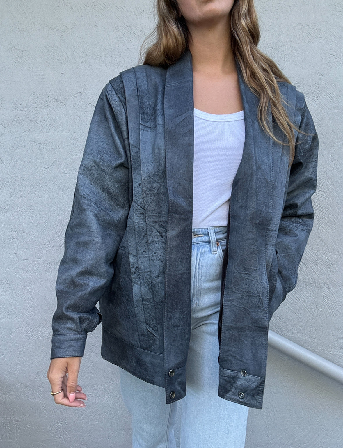 Vintage Steel Blue Leather Jacket // Size 12-18