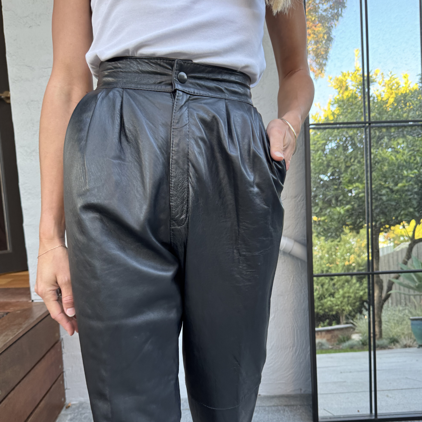 1980s Carmen Oliva Leather Trousers // Size 10