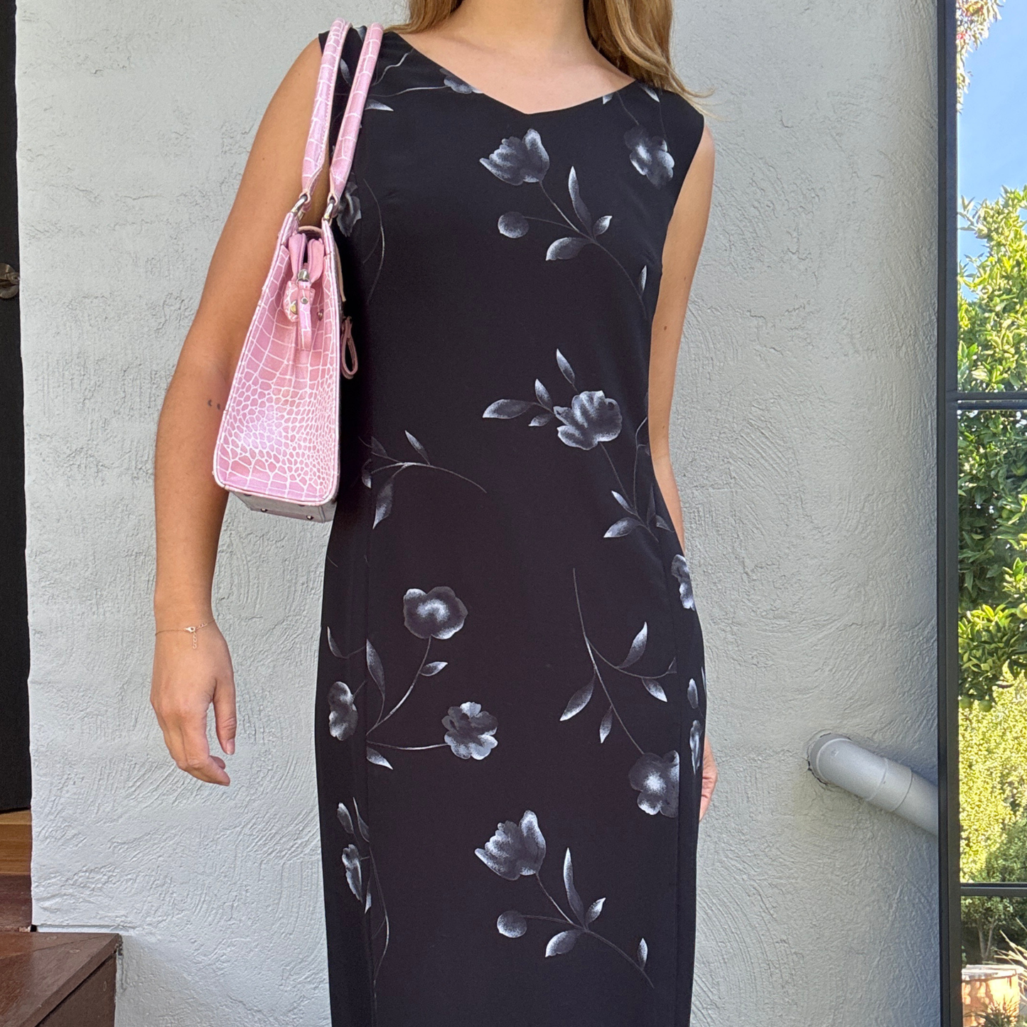 90s Black Floral Slip Dress // Size 14