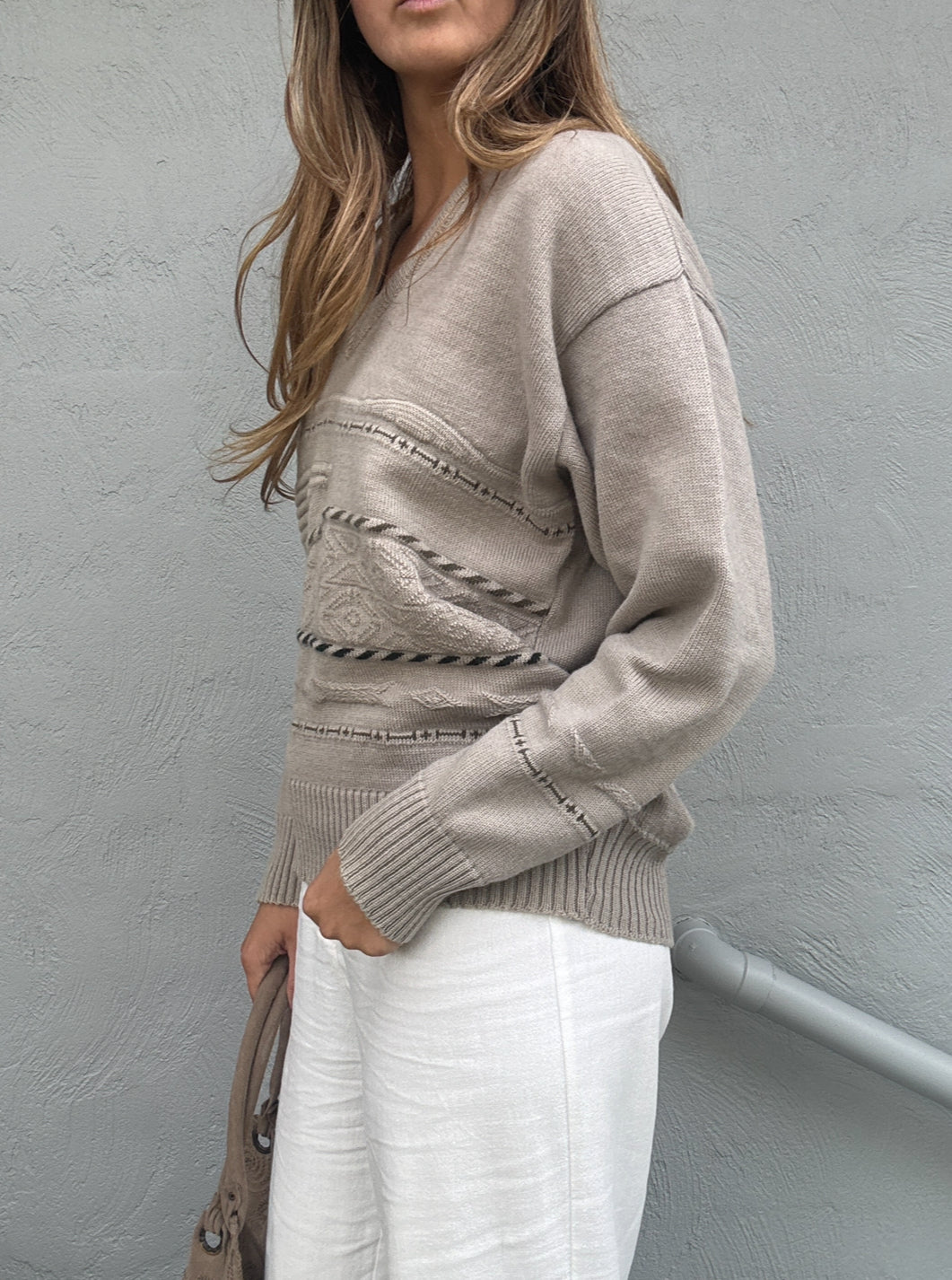 Vintage Taupe Textured Knit Sweater // Size XL