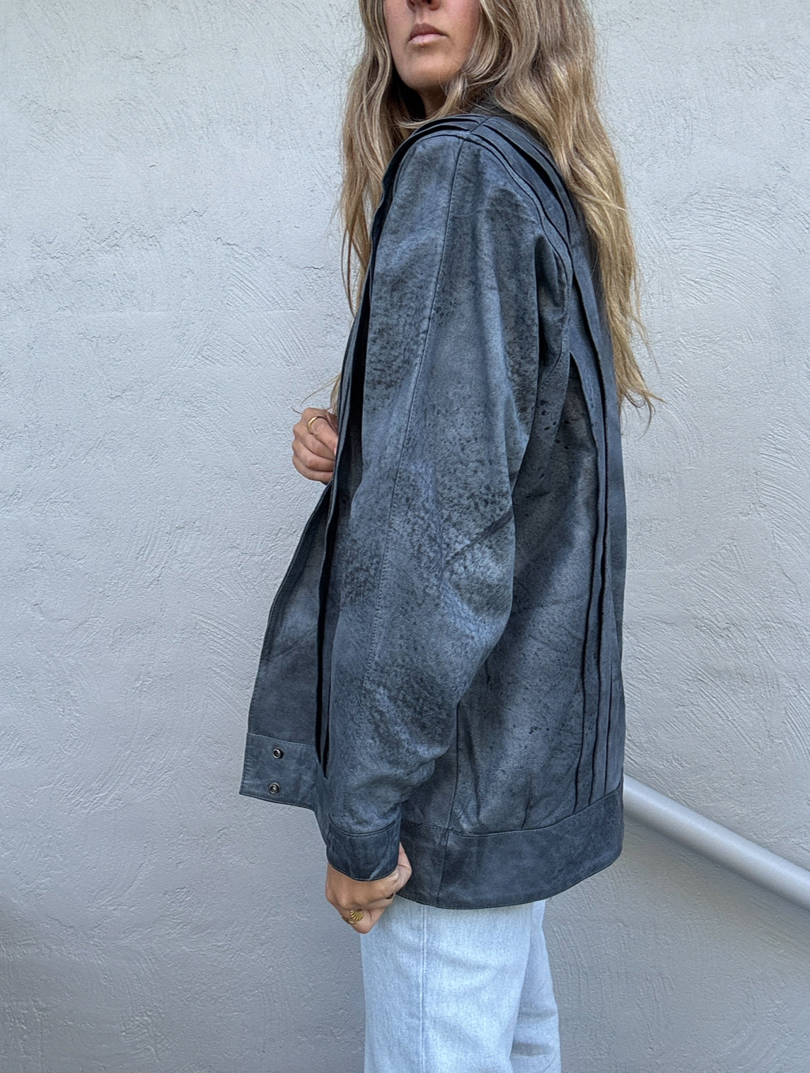 Vintage Steel Blue Leather Jacket // Size 12-18