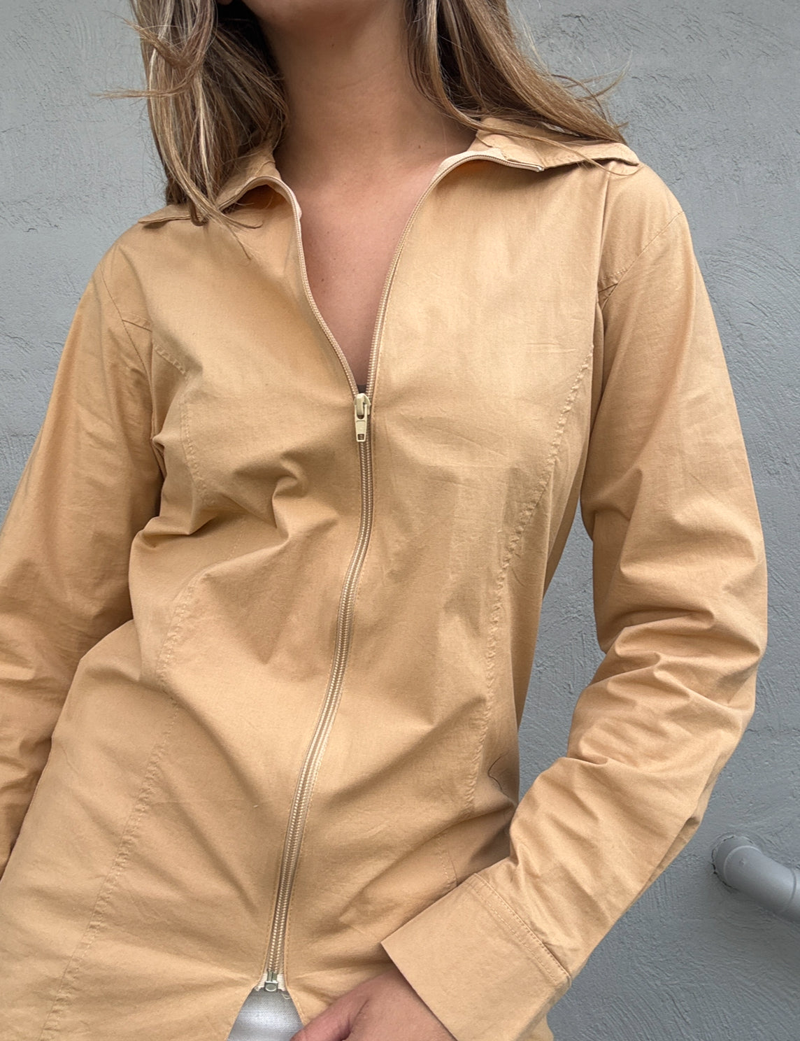 Camel Zip Front Shirt // Size
