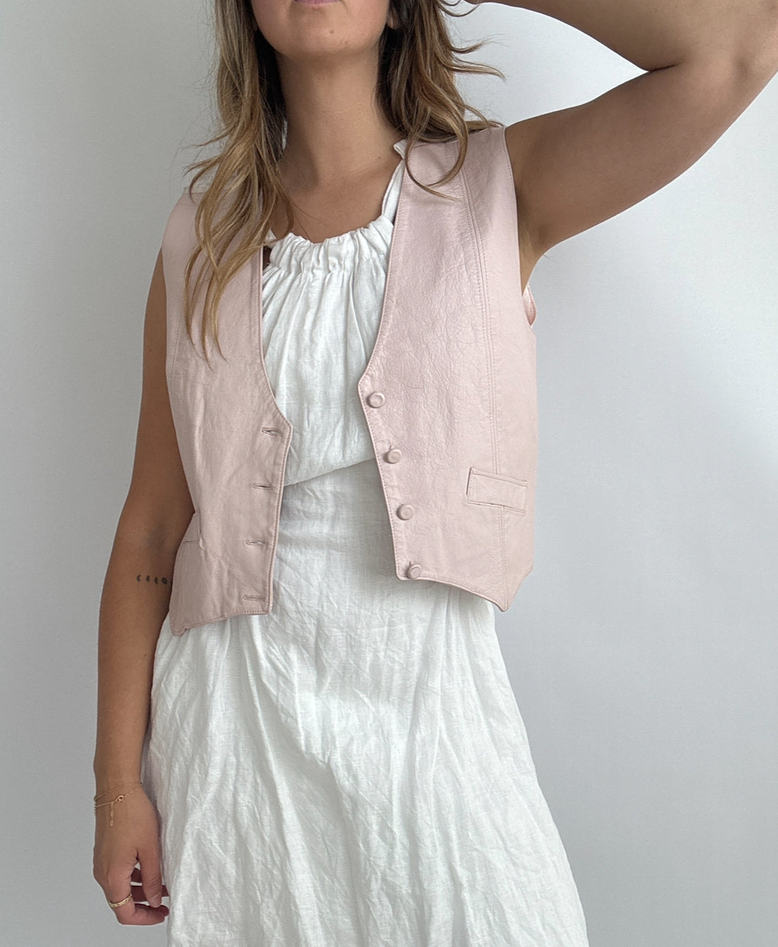 Vintage Baby Pink Leather Vest // Size 6-8