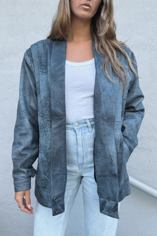Vintage Steel Blue Leather Jacket // Size 12-18